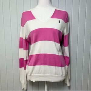 Ralph Lauren Women's V-Neck Sweater in Pink and White